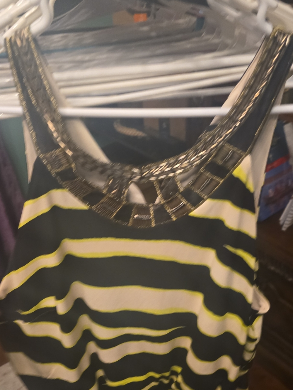 Thalia Sodi Striped Dress with Jeweled Neckline - Black, Cream & Lime Green